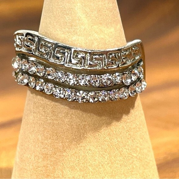 Silver Multi Line Wave Rhinestone & Ancient Egyptian Hieroglyph Ring - Picture 2 of 7
